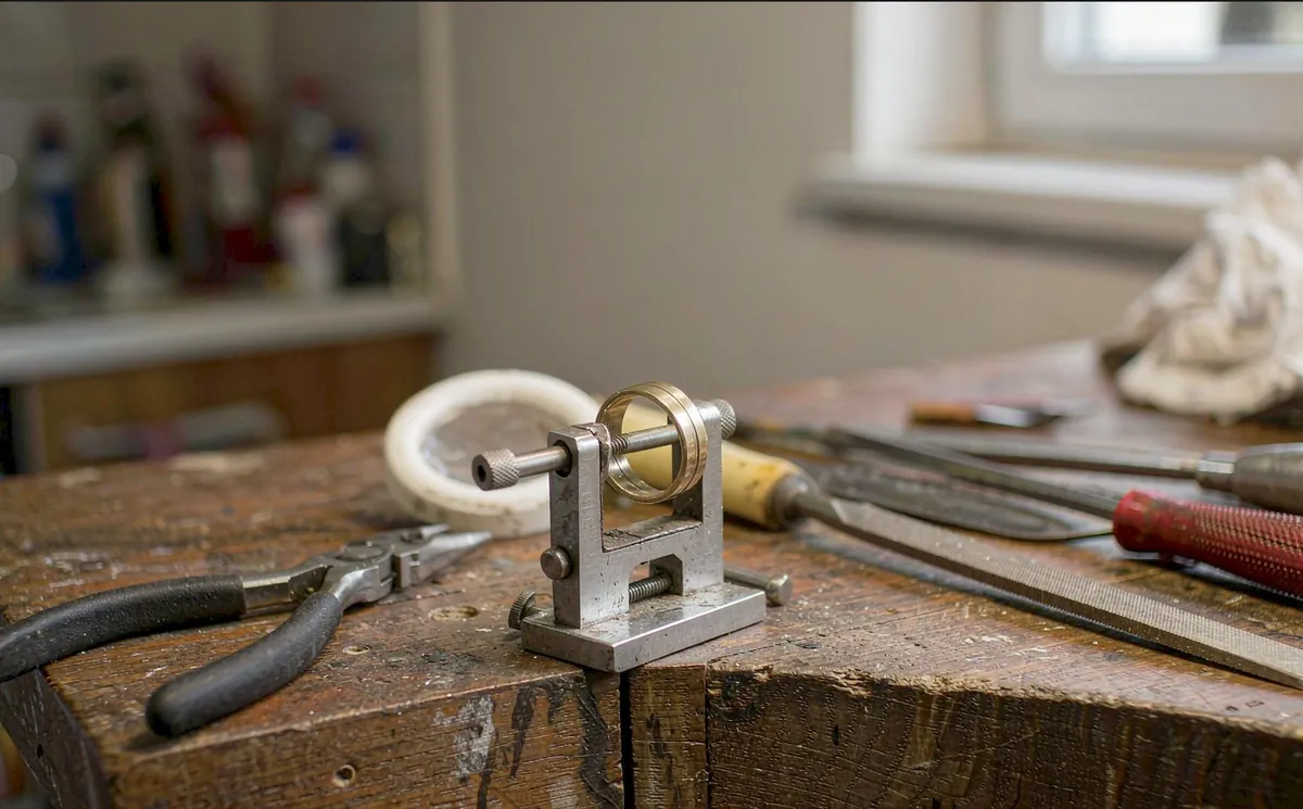 Jewelry repair setup on a workbench - a small vice holding a ring