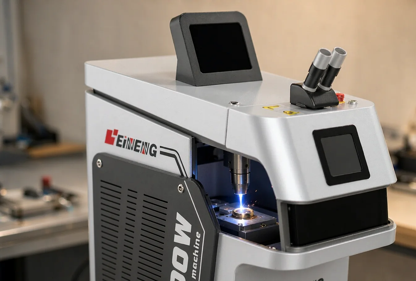 Benchtop YAG jewelry laser welder welding a gold ring inside its work chamber
